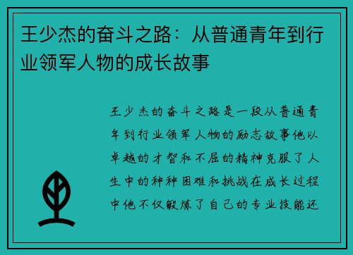 王少杰的奋斗之路：从普通青年到行业领军人物的成长故事